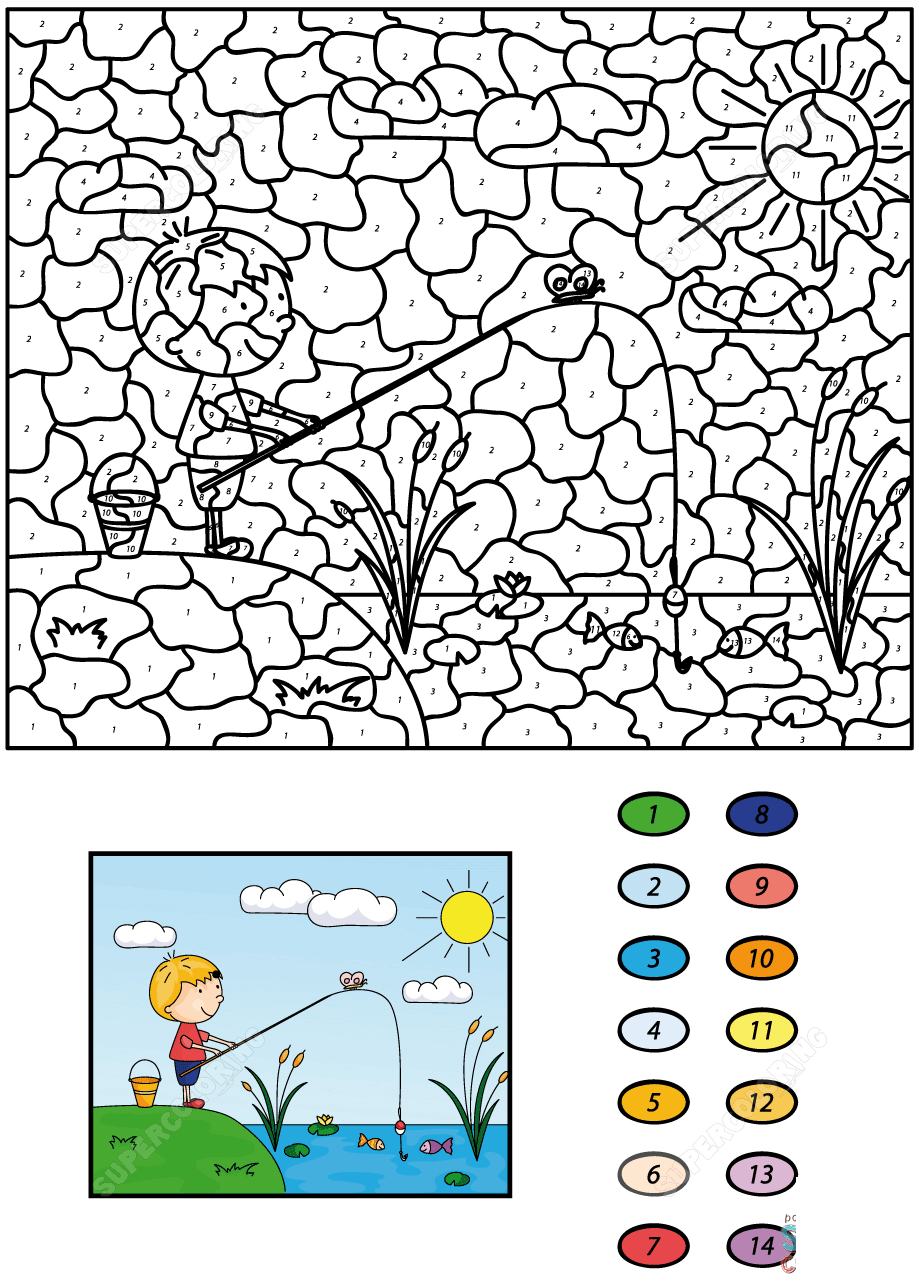 Coloriage Magique CE2 garçon : pêcheur au lac - Magique CE2 à imprimer