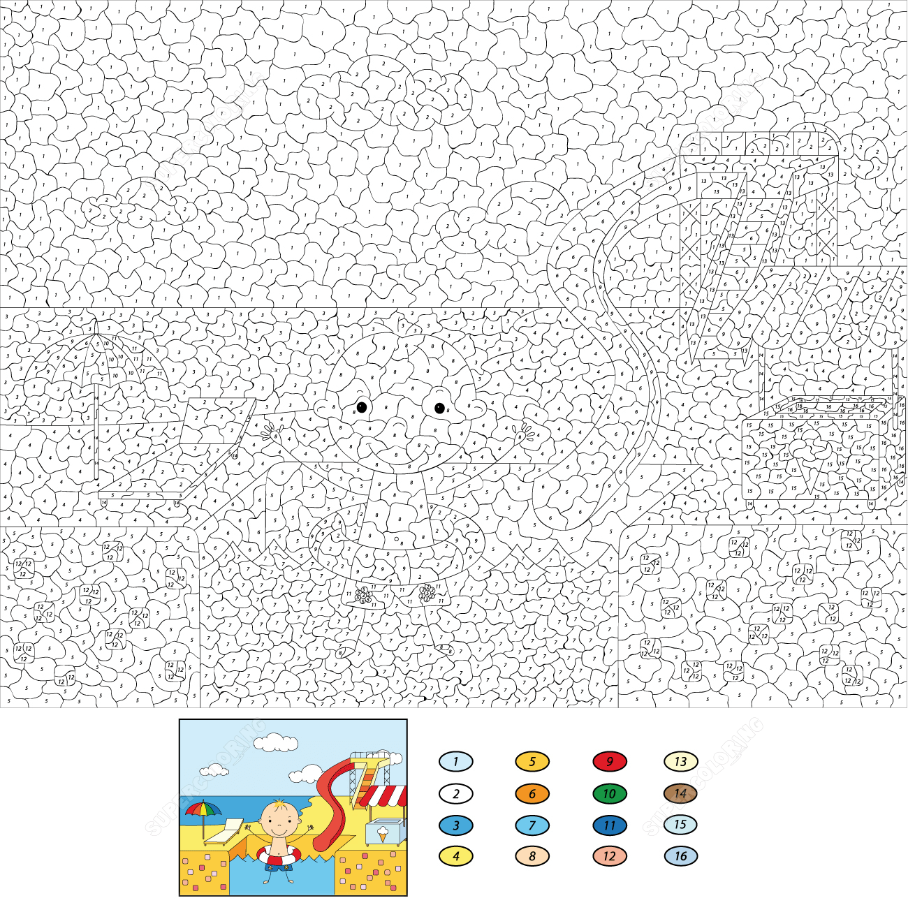 Coloriage Magique CE2 garçon : bouée au parc aquatique - Magique CE2 à imprimer
