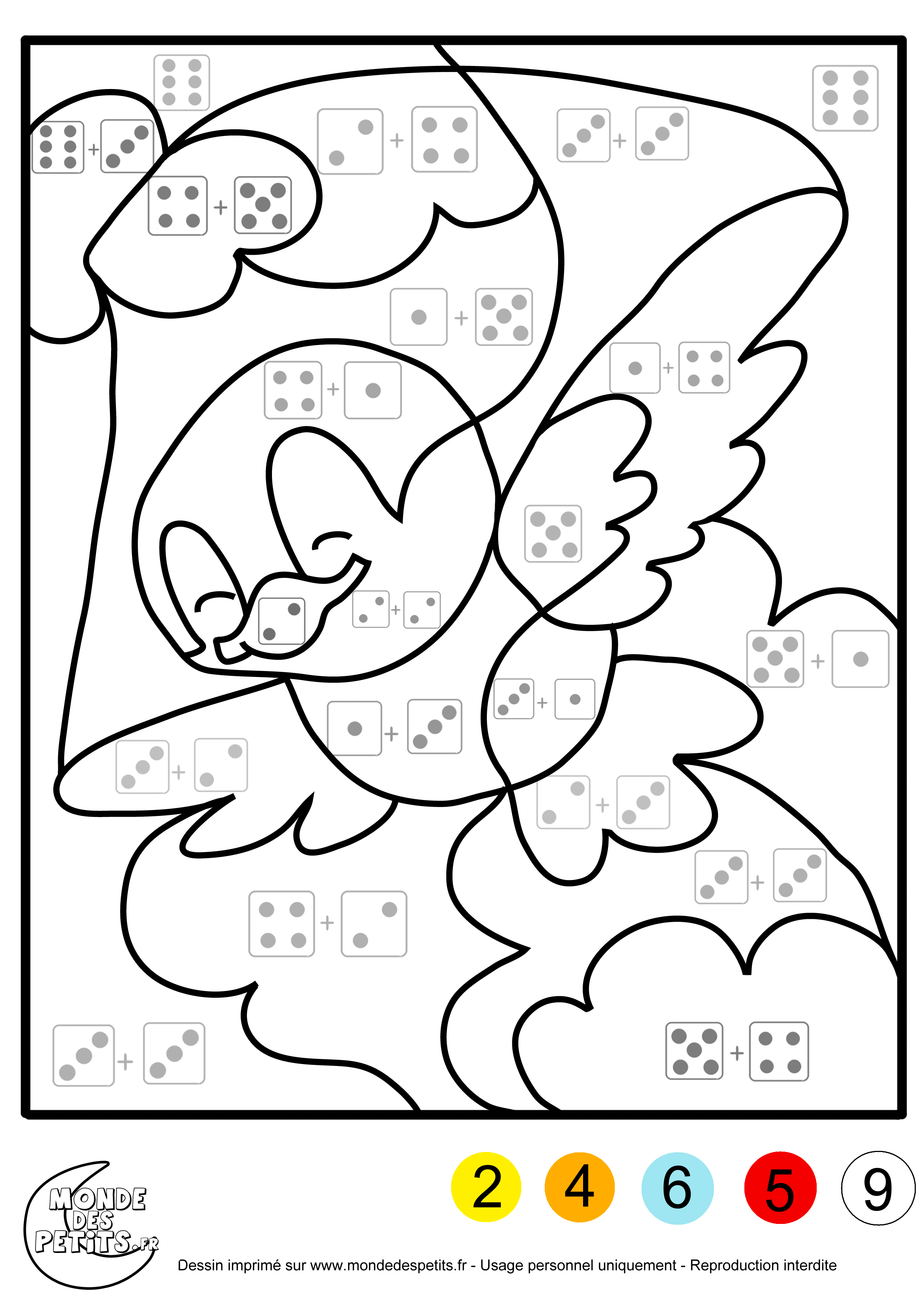 Coloriage Addition masquée dévoilant une illustration - Magique addition à imprimer
