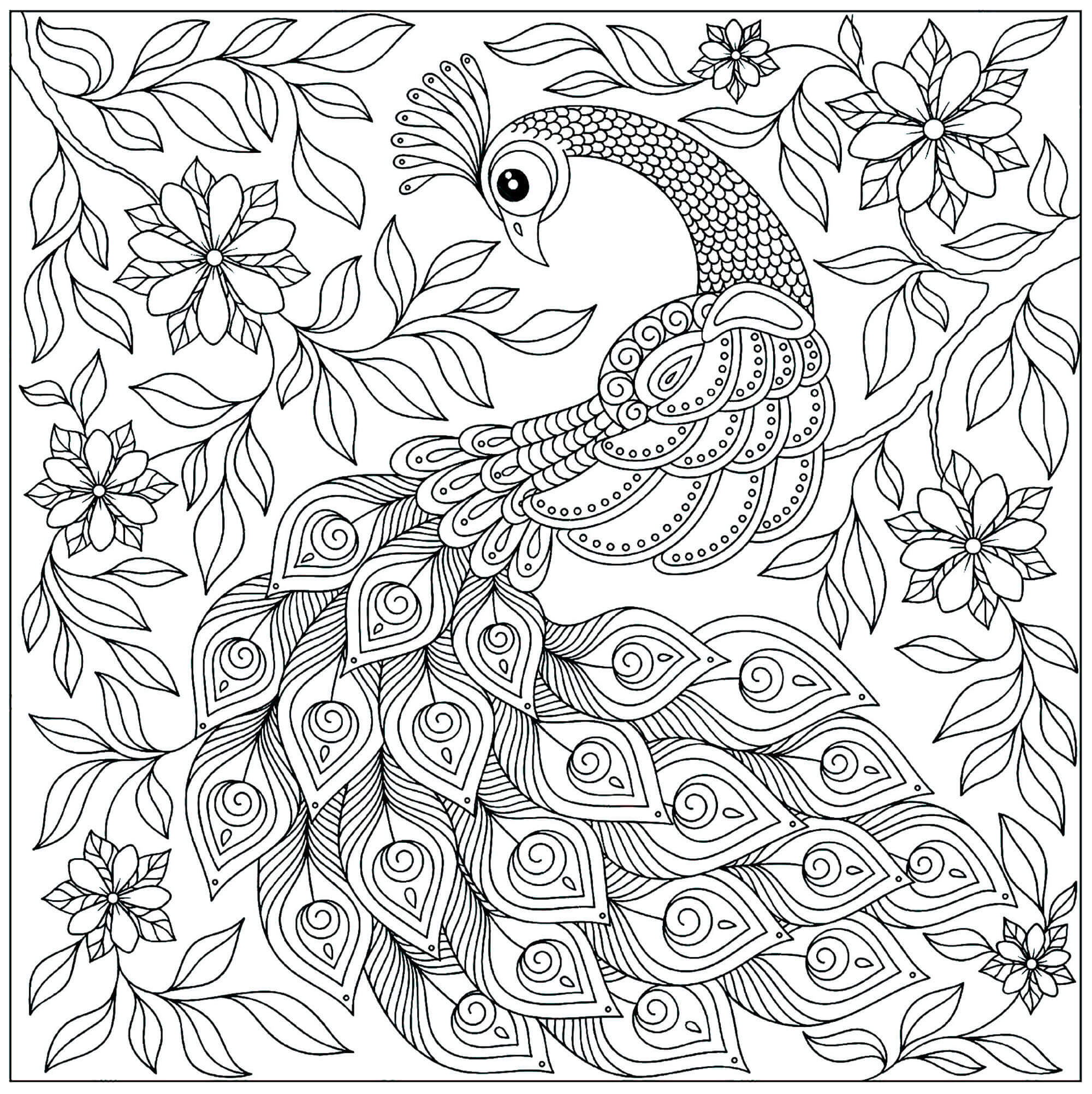 Coloriage Magnifique Paon Avec Des Fleurs - Paon à imprimer