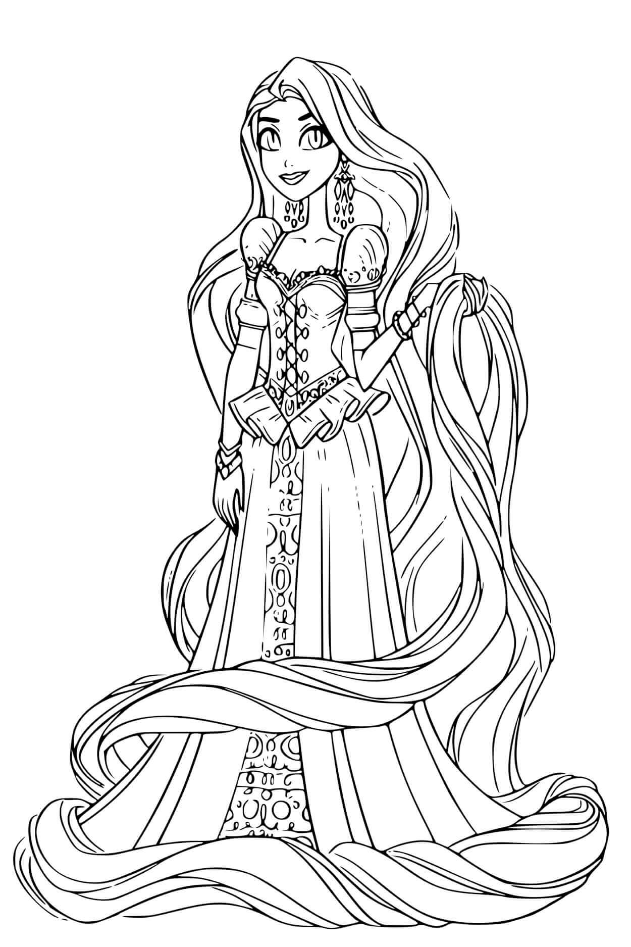 Coloriage Magnifique Robe De Princesse Et Raiponce Avec De Jolies Bijoux - Raiponce à imprimer