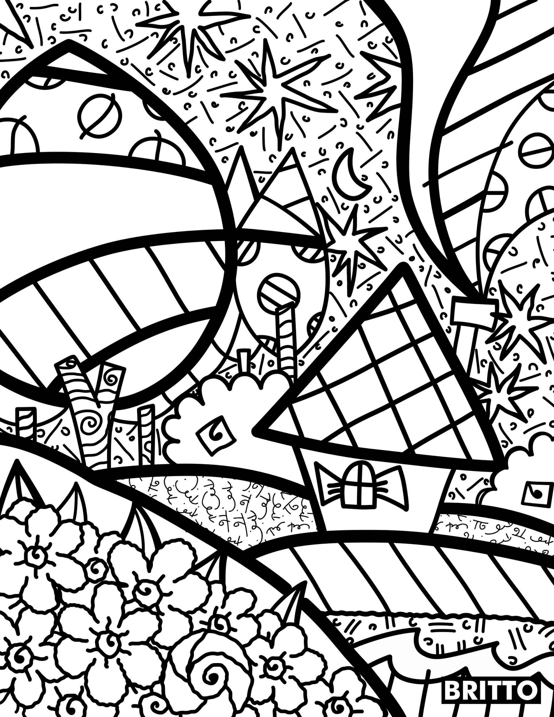 Coloriage Maison Arbre Fleurs Par Britto - Romero britto à imprimer