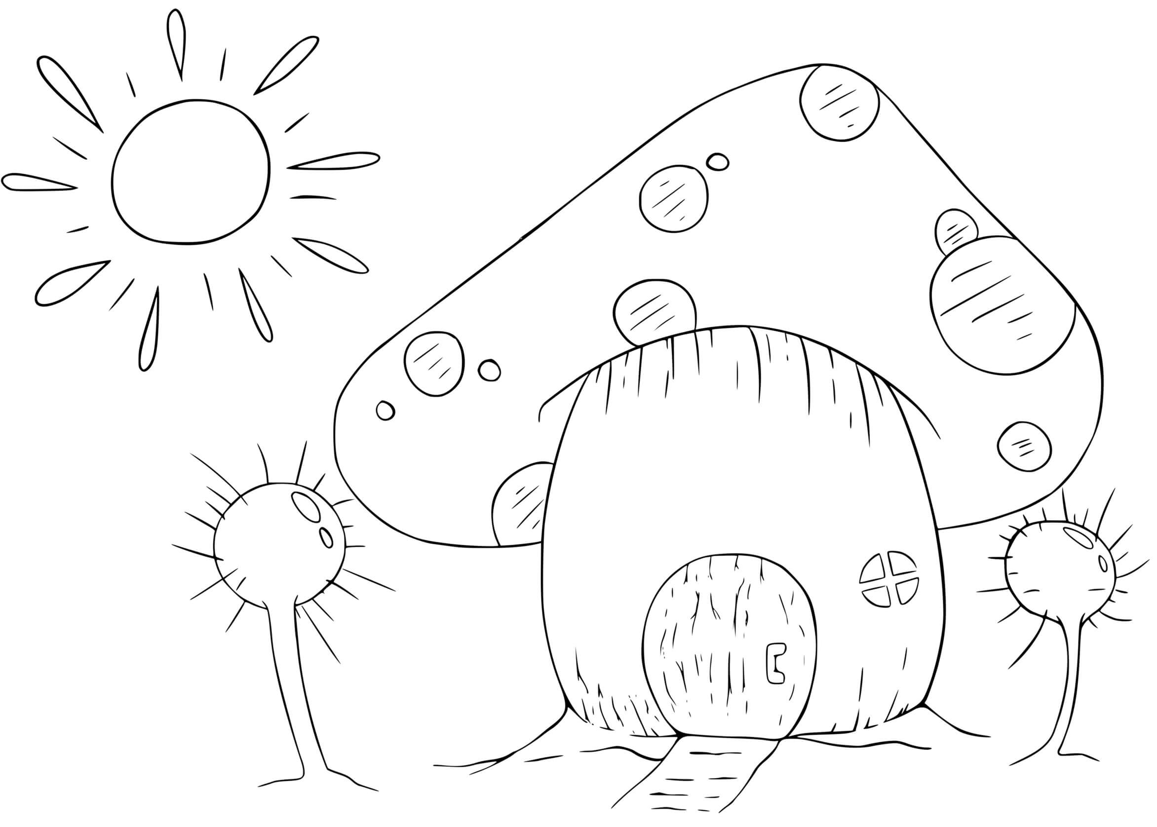 Coloriage Maison De Champignon Avec Soleil Et Arbres - Champignon à imprimer
