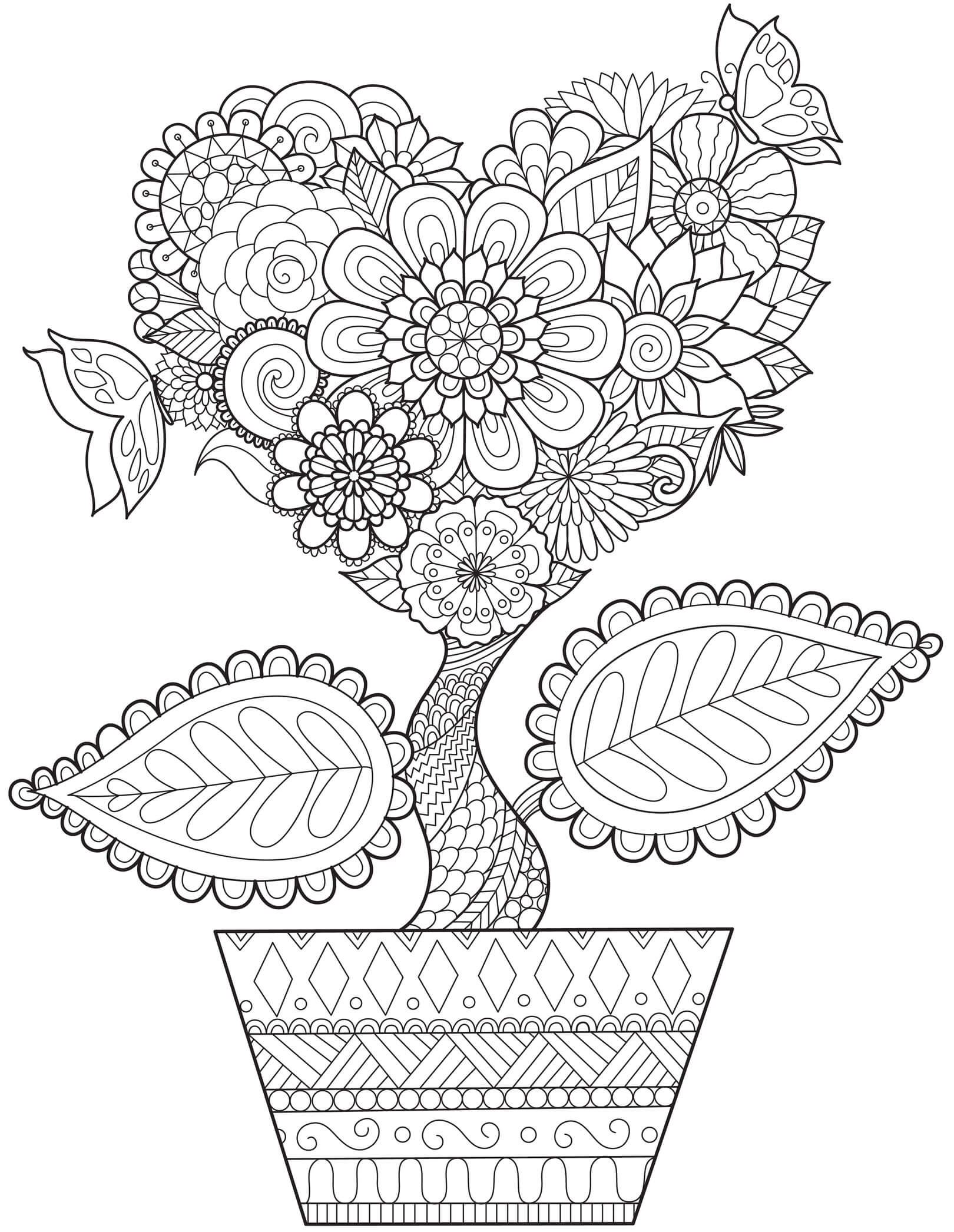 Coloriage Mandala Adulte Pot De Fleurs Petit Arbre Nature - Adulte à imprimer
