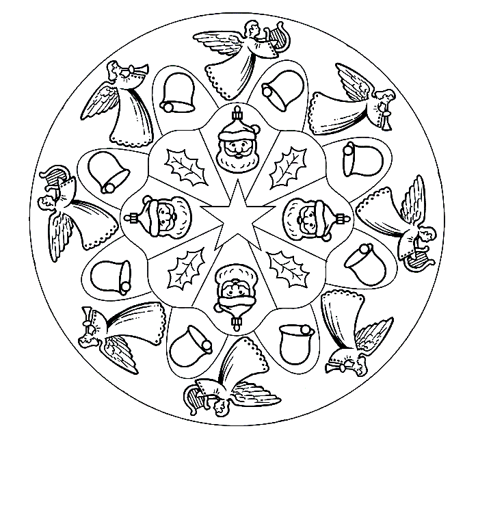 Coloriage Mandala Anges Père Noël Cloches - Mandala de Noël à imprimer