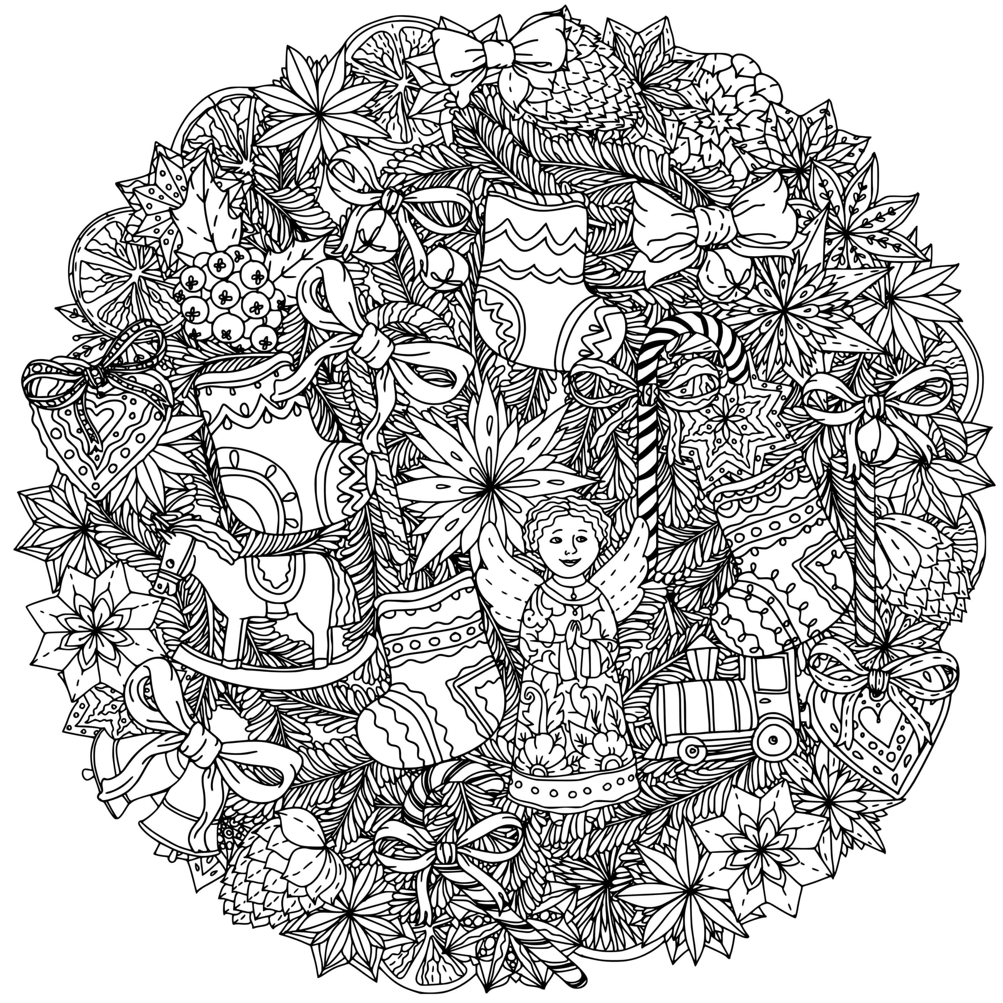 Coloriage Mandala De Noël Couronne Jouets De Noël Ange Train Par Mashabr - Mandala de Noël à imprimer