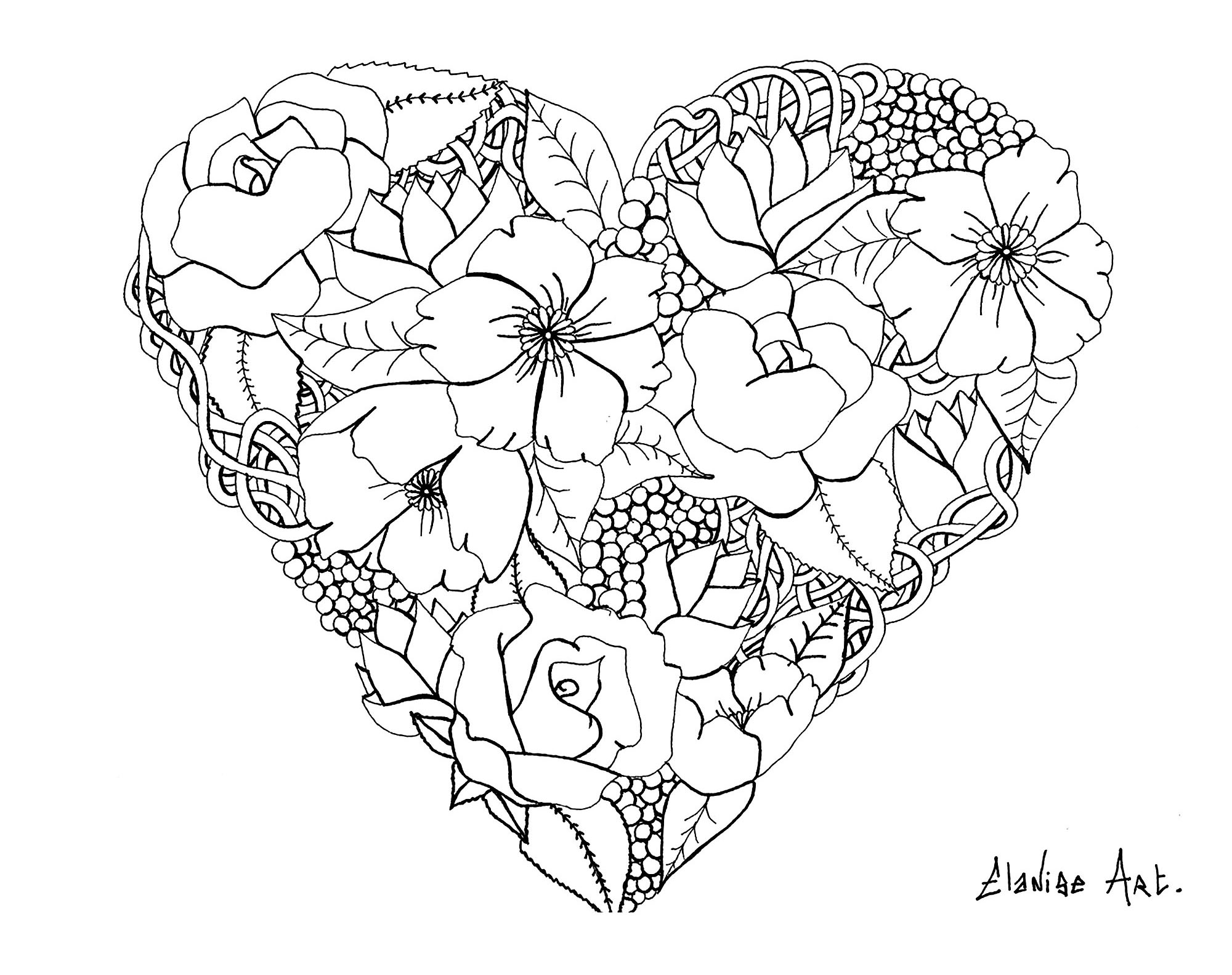 Coloriage Mandala Elanise Art Flowers In A Heart - Saint-Valentin à imprimer