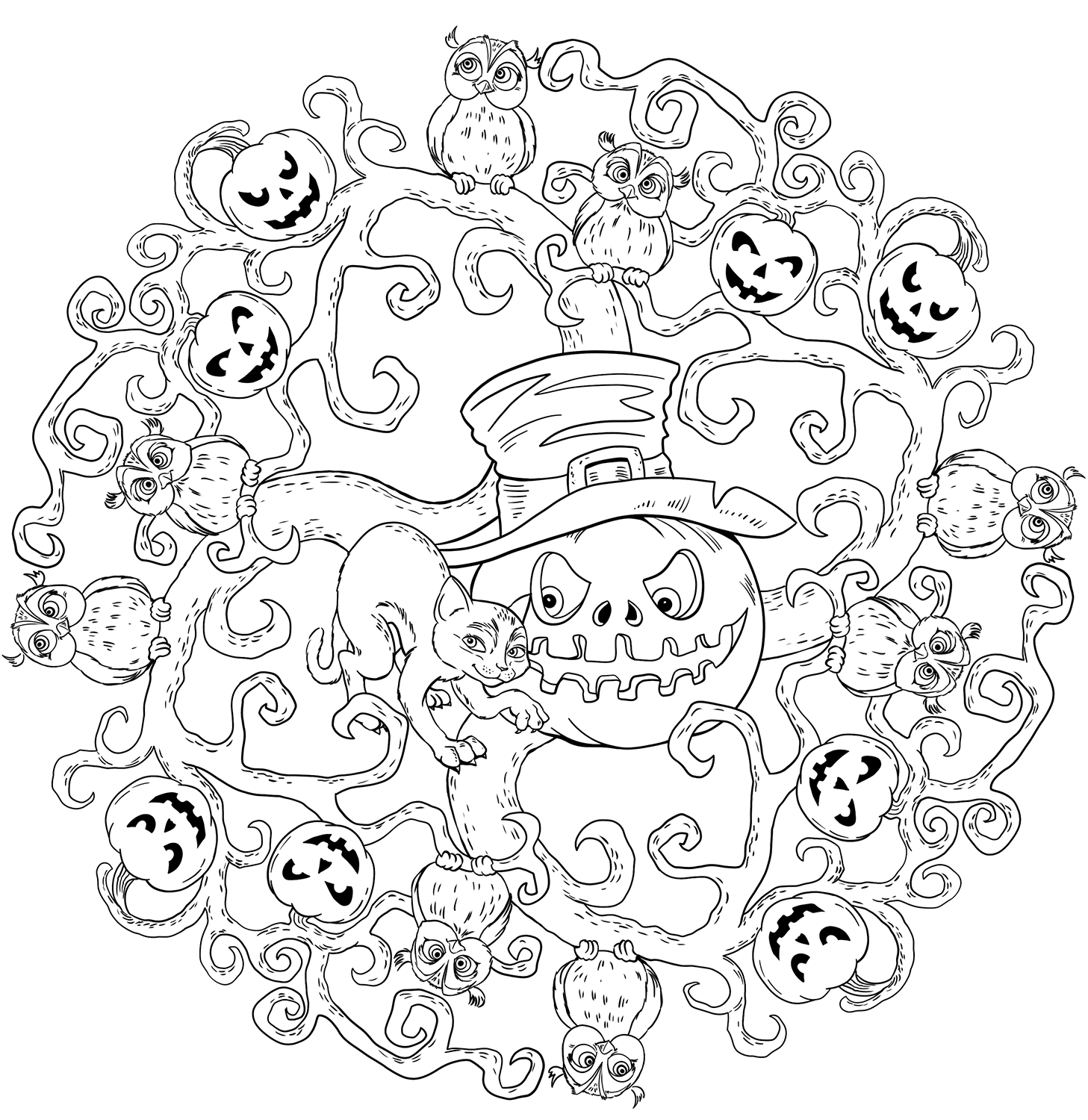 Coloriage Mandala Halloween Citrouilles Hiboux Chat Maternelle Facile - Halloween adulte à imprimer