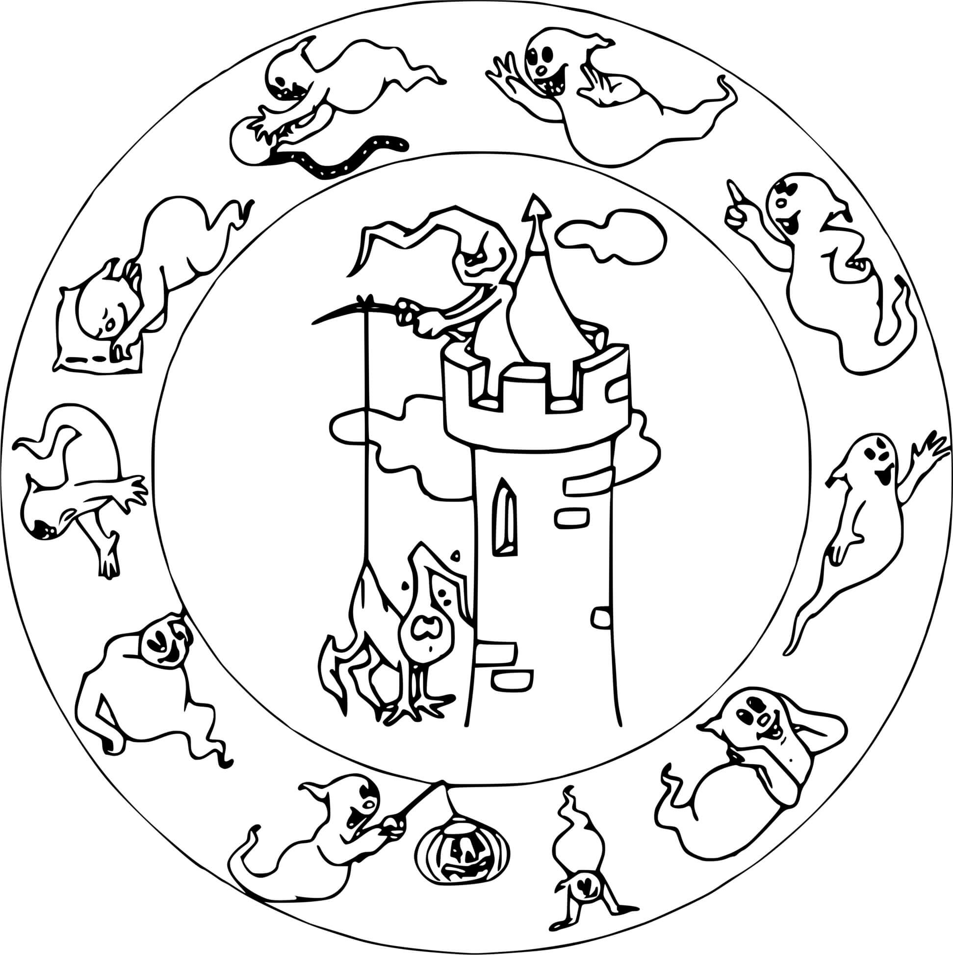Coloriage Mandala Halloween Maternelle Facile Fantômes Sur Un Château - Halloween adulte à imprimer