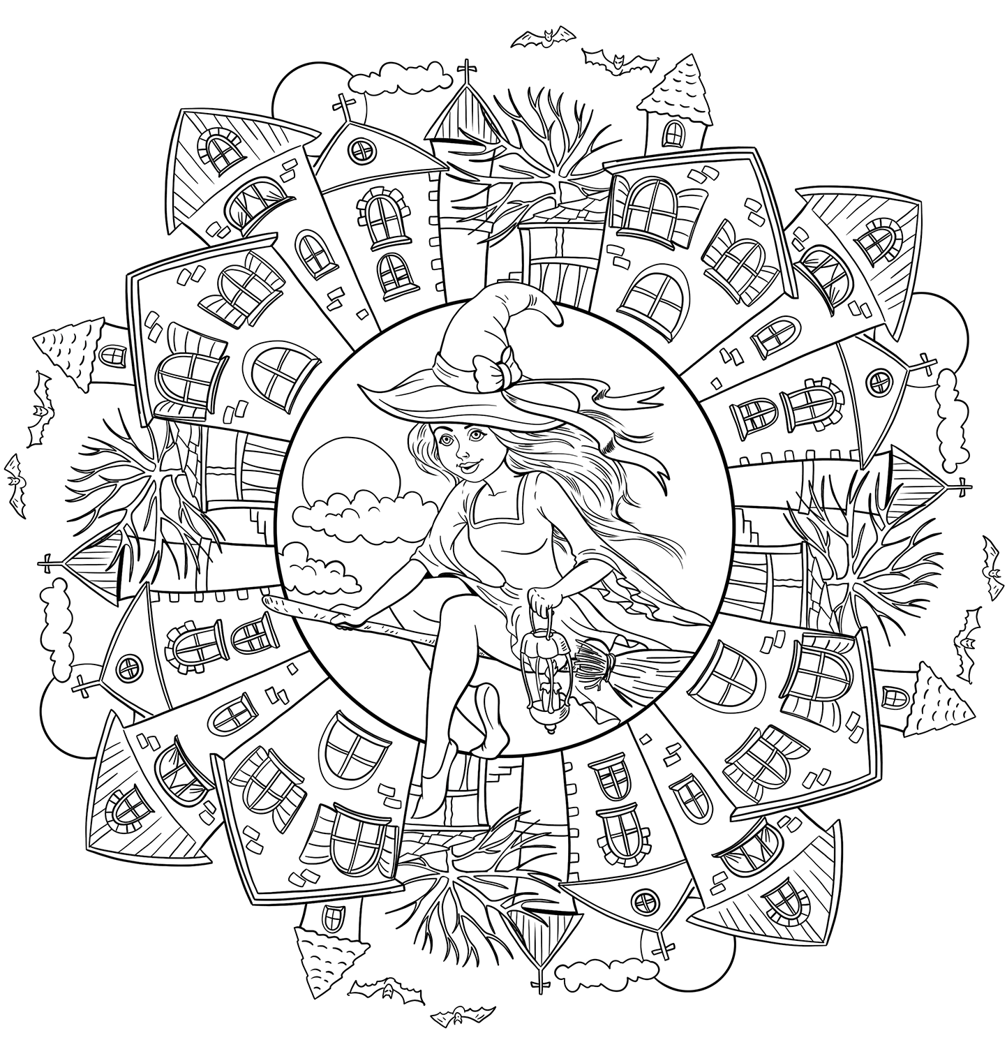 Coloriage Mandala Halloween Sorcière Avec Des Maisons Hantees - Halloween adulte à imprimer