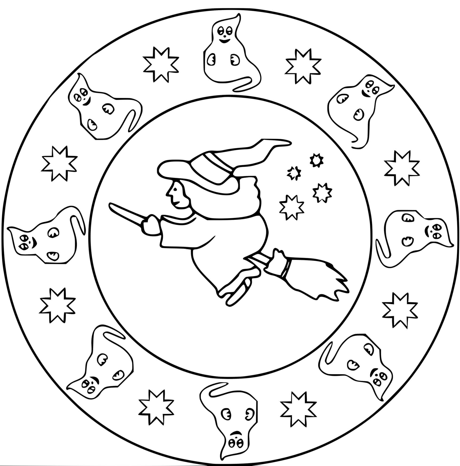 Coloriage Mandala Halloween Sorcière Avec Fantômes Maternelle Facile - Halloween adulte à imprimer