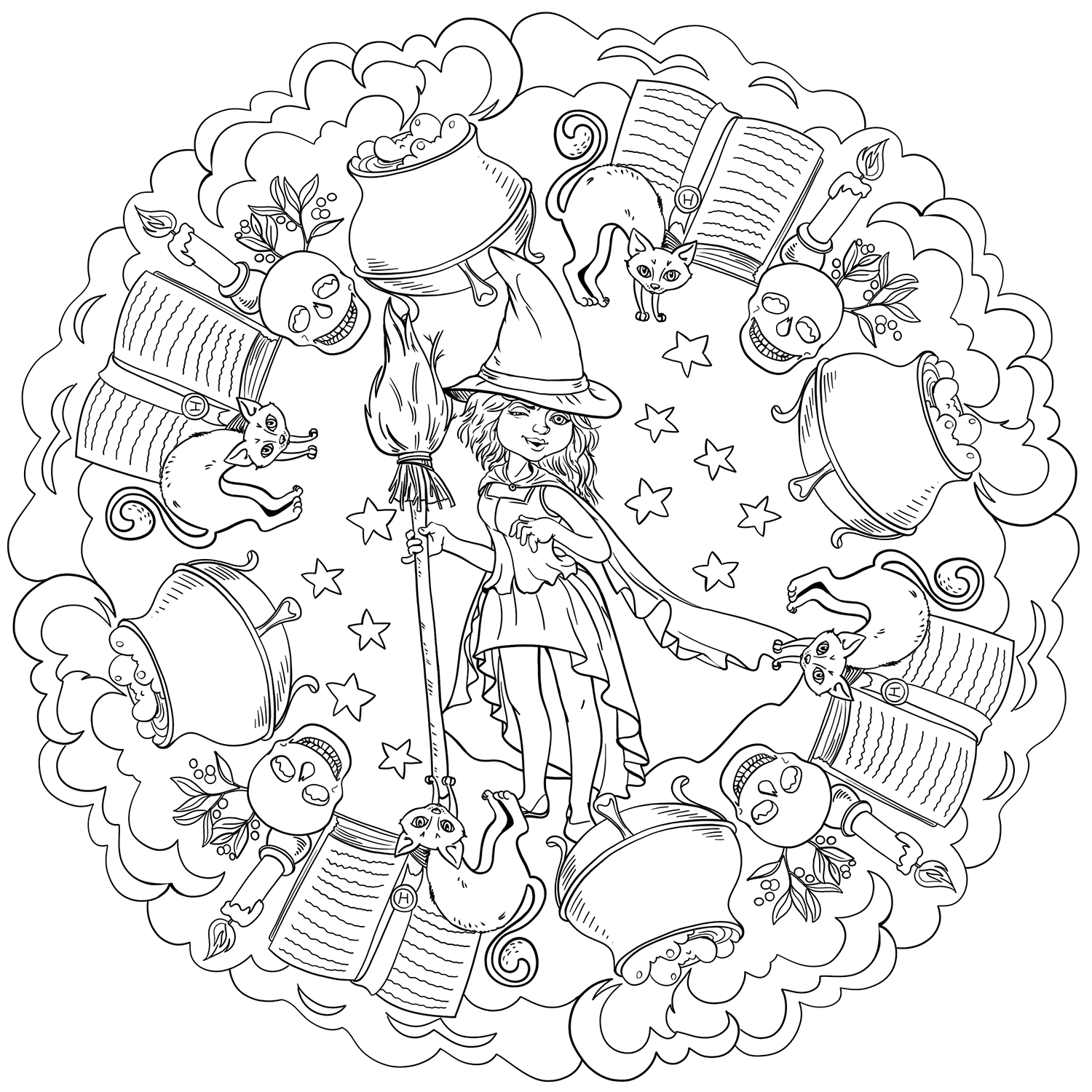 Coloriage Mandala Halloween Sorcières Et Son Monde Magique Potion Livre Par Lesya Adamchuk - Halloween adulte à imprimer