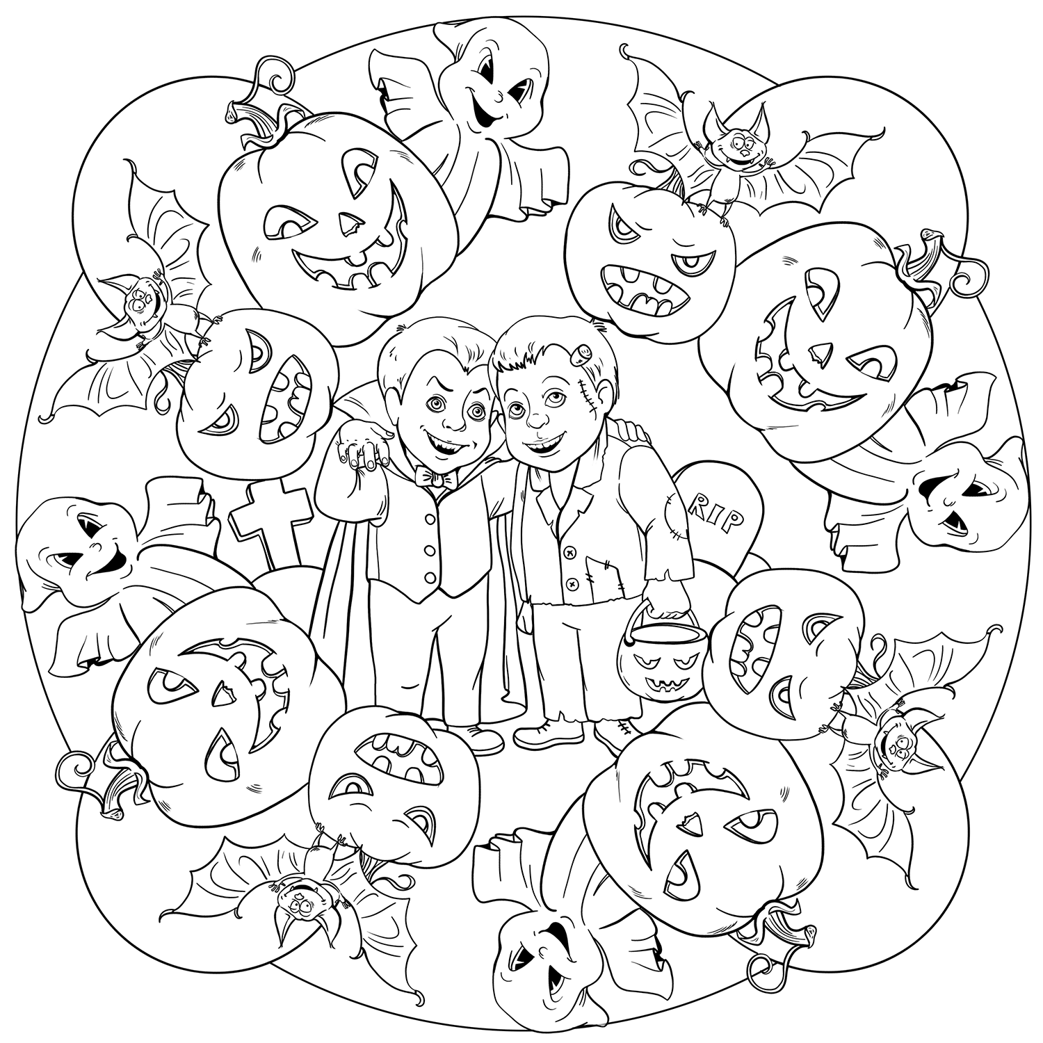 Coloriage Mandala Halloween Vampire Zombie Citrouilles Fantômes - Halloween adulte à imprimer