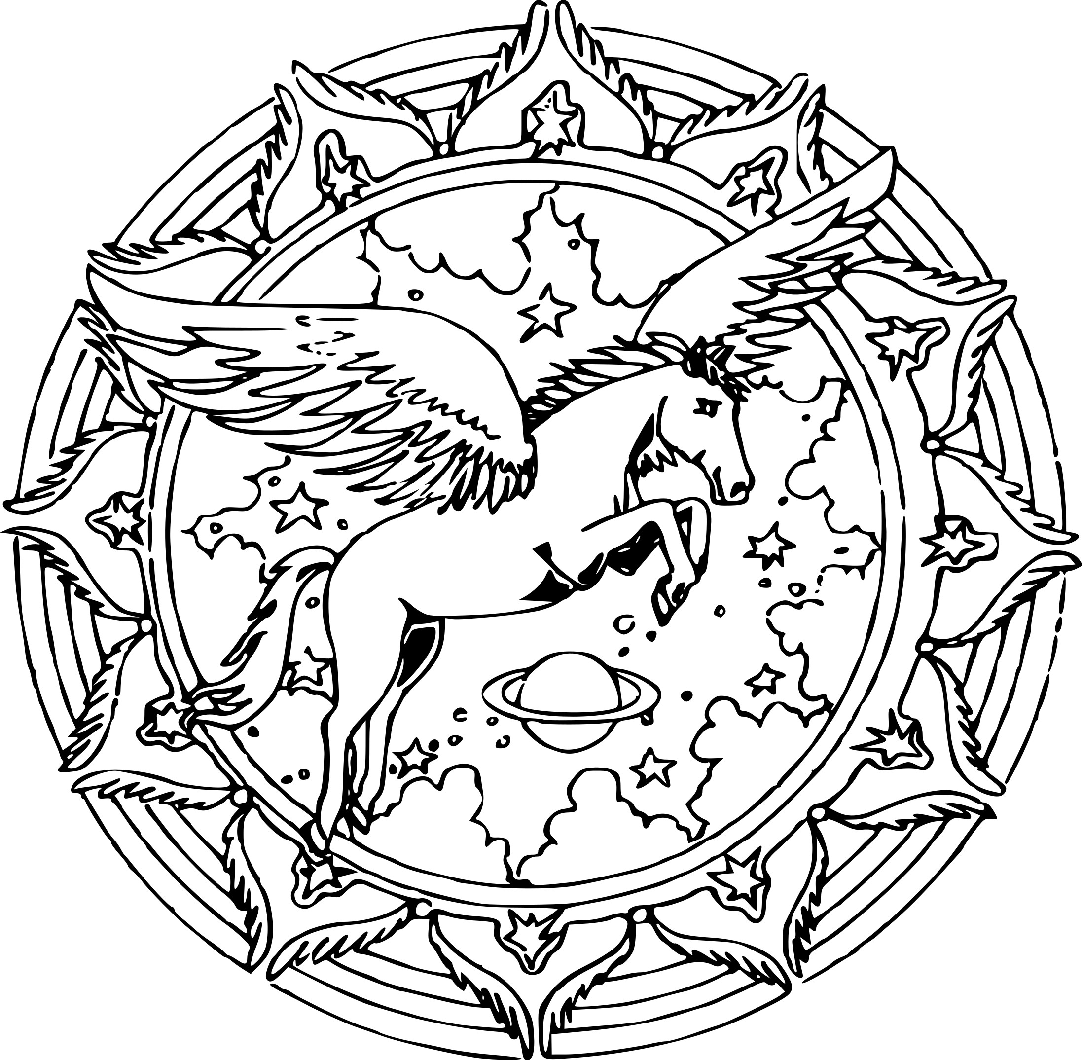 Coloriage Mandala Licorne Avec Des Ailes Un Fond Univers - Mandala licorne à imprimer