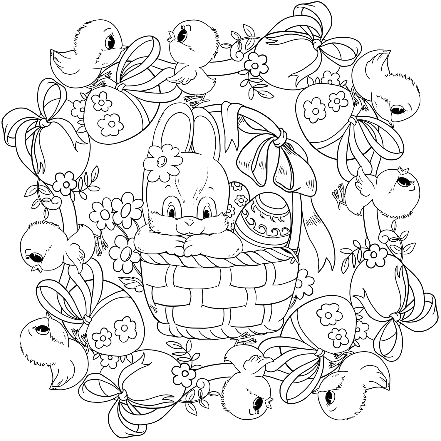 Coloriage Mandala Pâques Avec Panier De Lapin Et Poussins Œufs De Pâques Par Lesya Adamchuk - Pâques mandala à imprimer