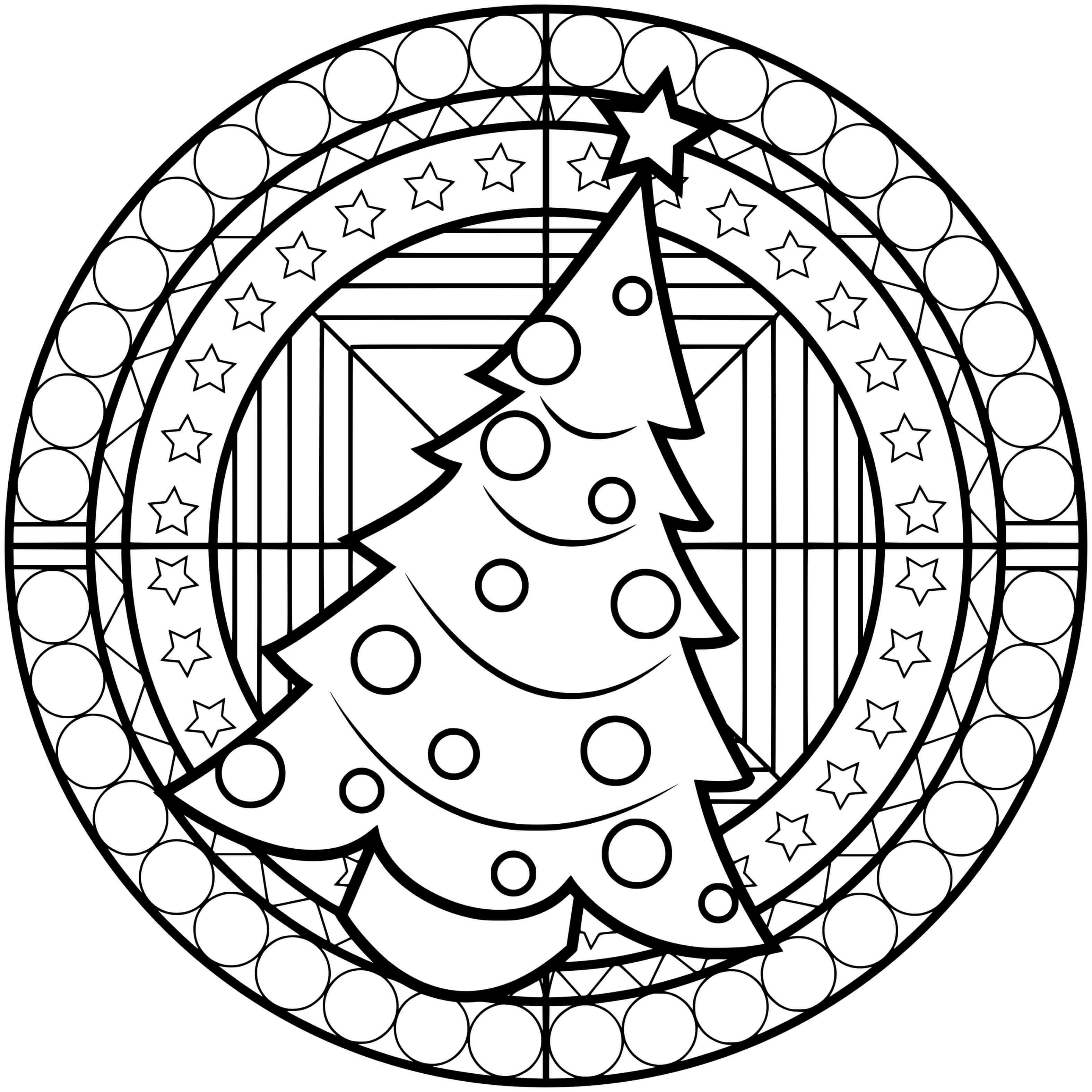 Coloriage Mandala Sapin De Noël Avec Des Étoiles Et Boules Décorations - Mandala de Noël à imprimer
