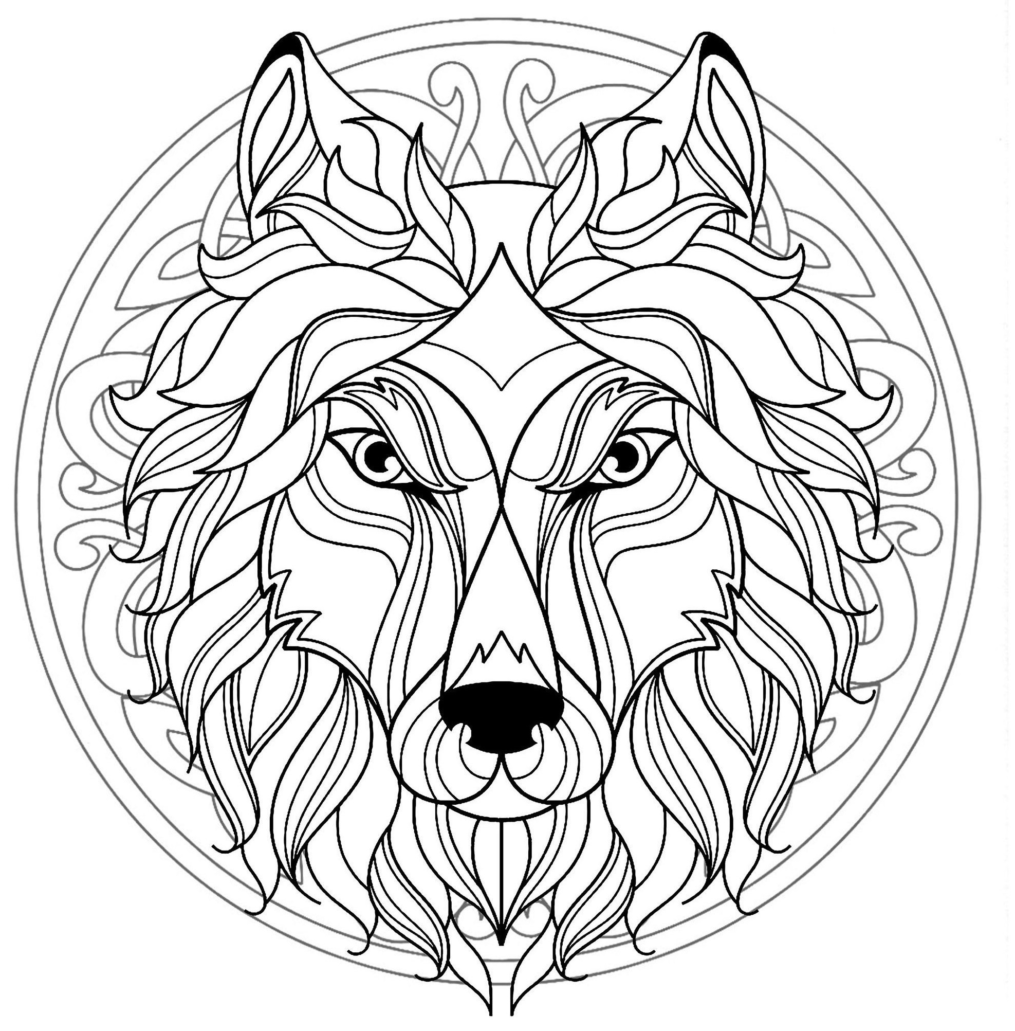 Coloriage Mandala Tête Loup Canis Lupus - Mandala à imprimer