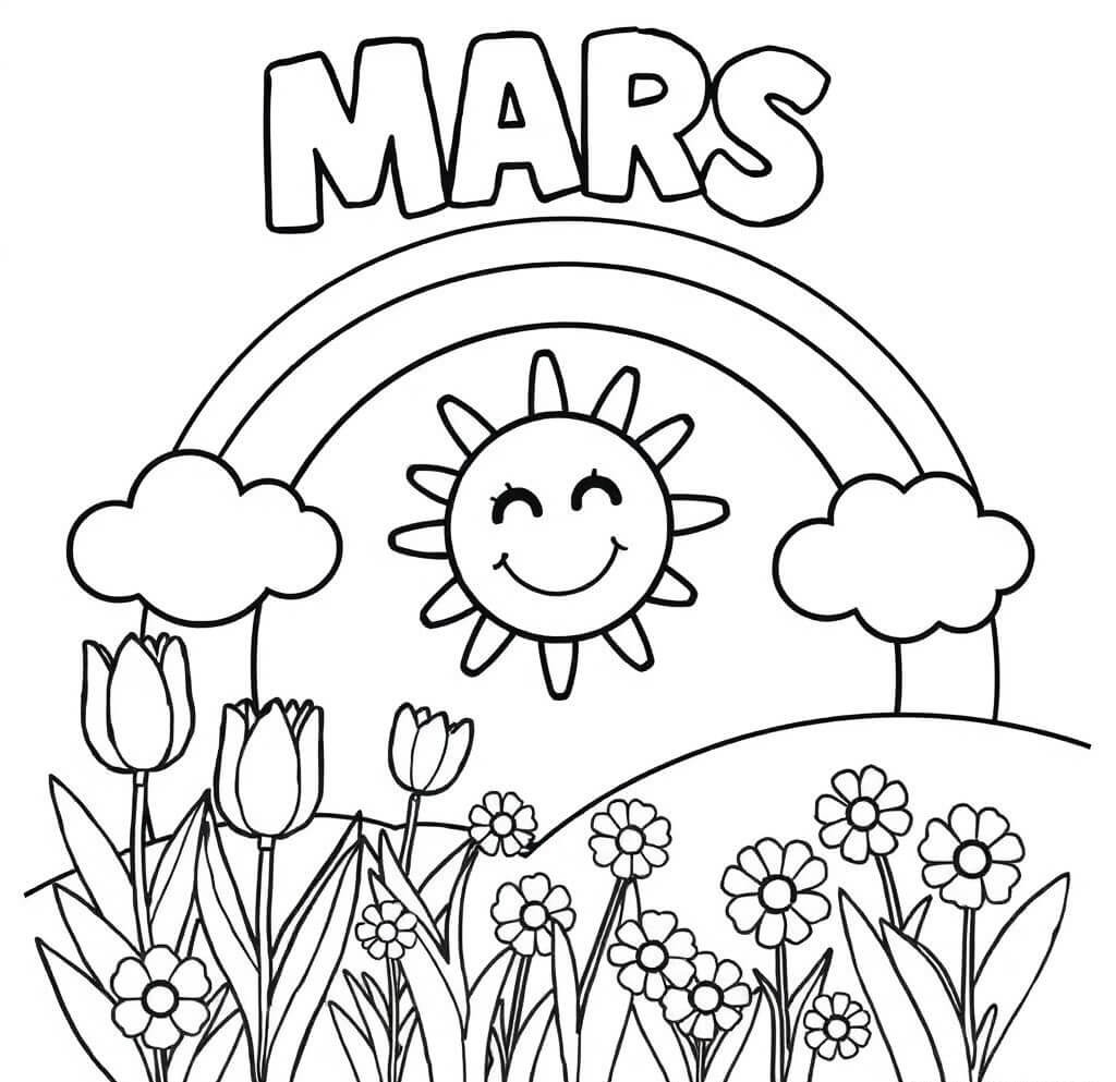 Coloriage Mars Arc En Ciel Soleil Fleurs - Mars à imprimer