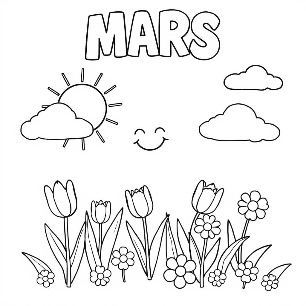 Coloriage Mars Fleurs Tulipes Nuages - Mars à imprimer