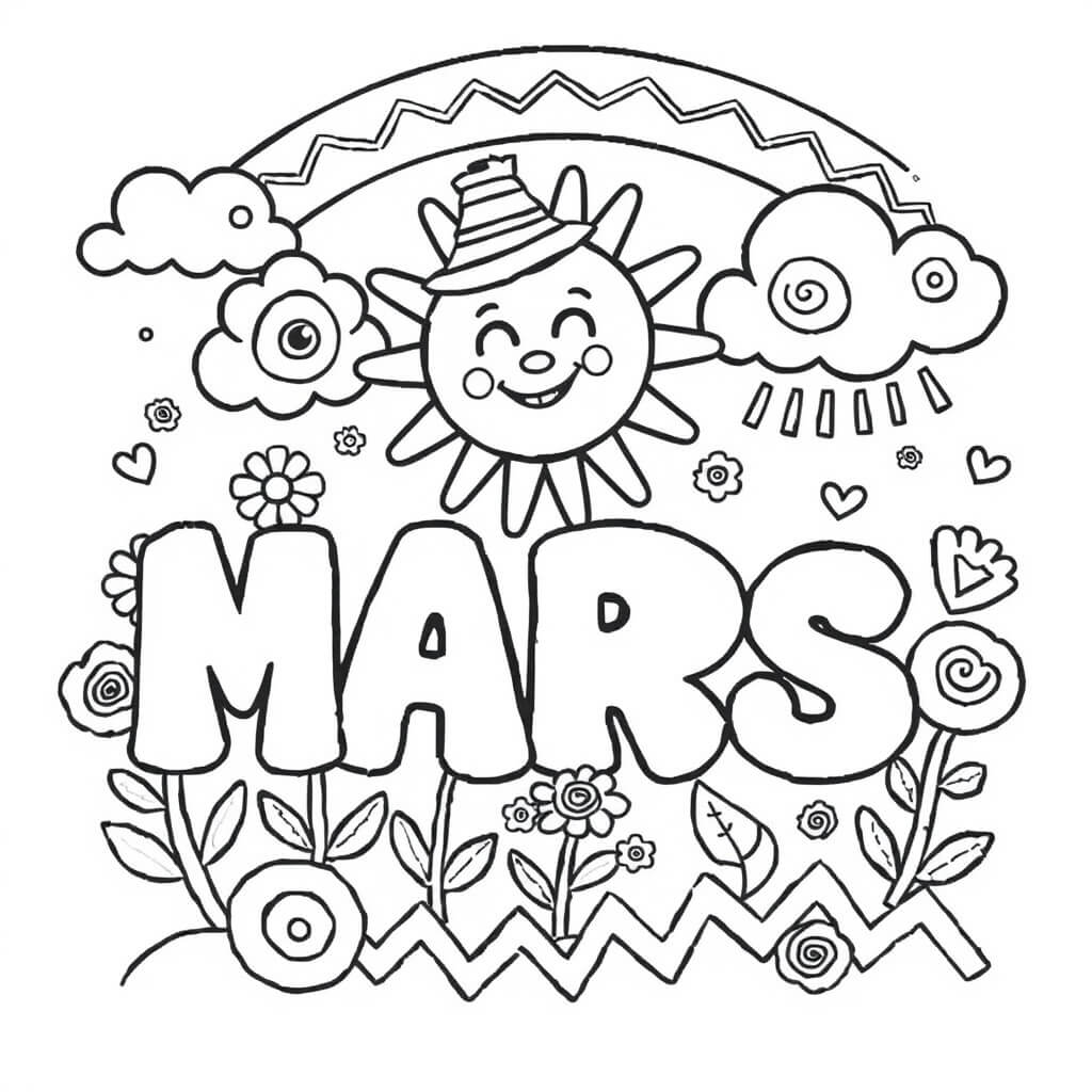 Coloriage Mars Joyeux Fleuri - Mars à imprimer