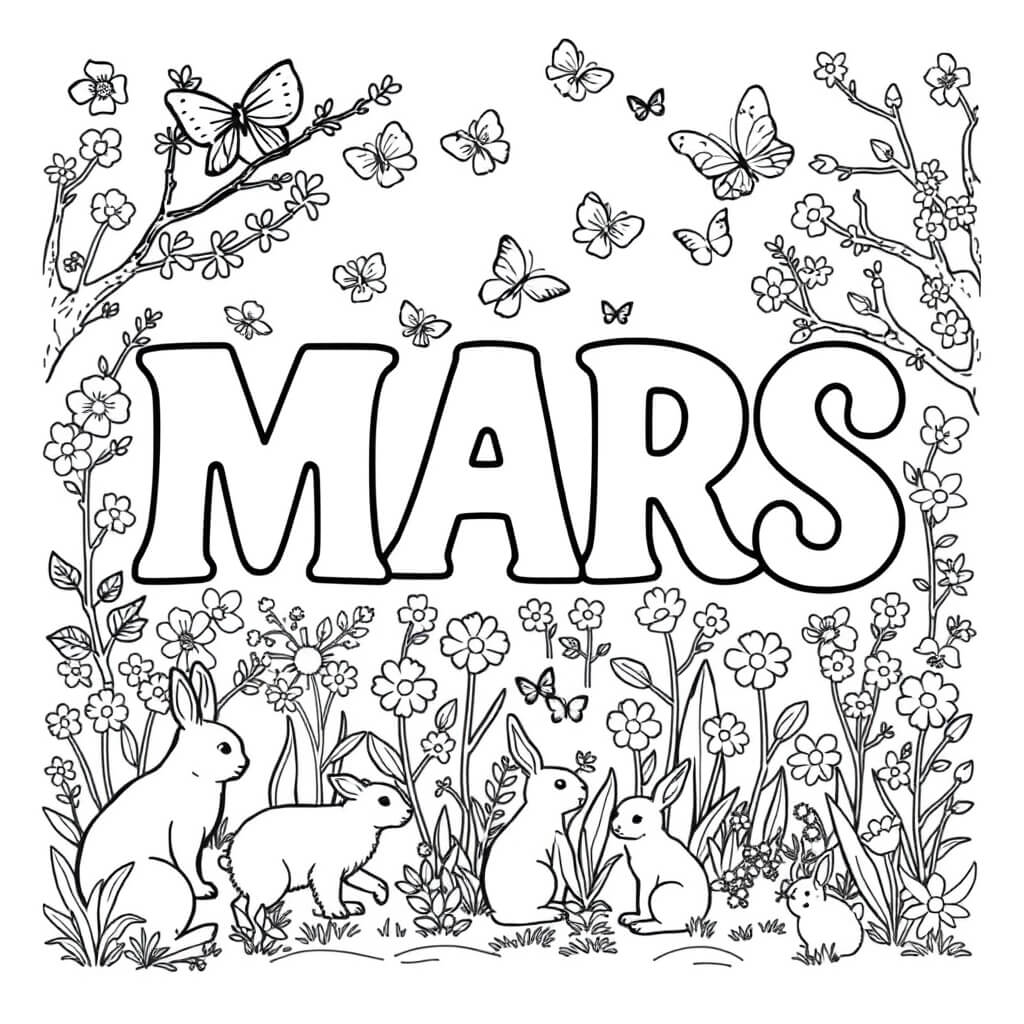 Coloriage Mars Lapins Papillons Printemps - Mars à imprimer