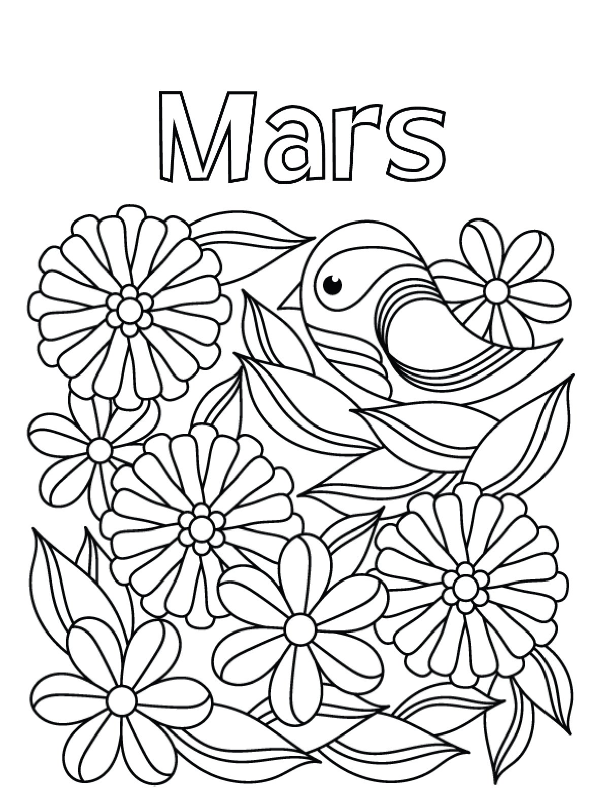 Coloriage Mars Oiseau Fleurs - Mars à imprimer
