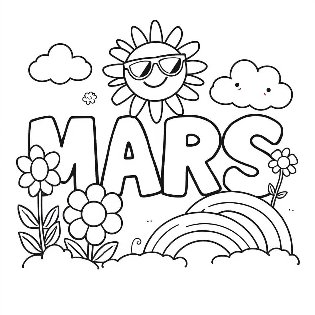 Coloriage Mars Soleil Lunettes Fleurs - Mars à imprimer