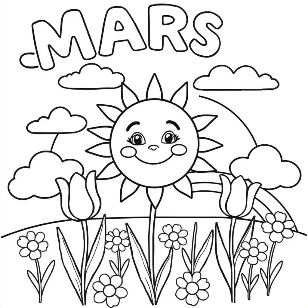 Coloriage Mars Soleil Souriant Printemps - Mars à imprimer