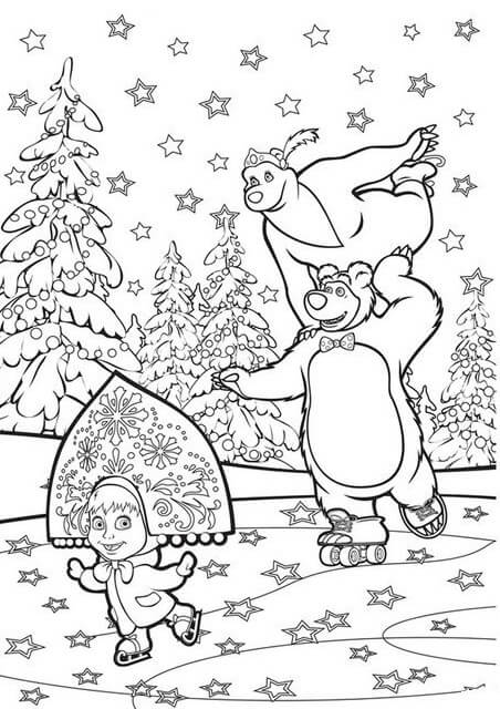 Coloriage Masha Et Michka Font Du Ski - Masha et michka à imprimer