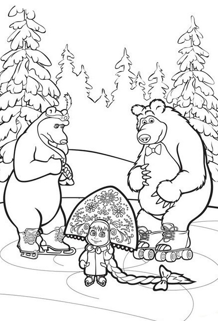 Coloriage Masha Et Michka Patinent Dans Une Forêt - Masha et michka à imprimer