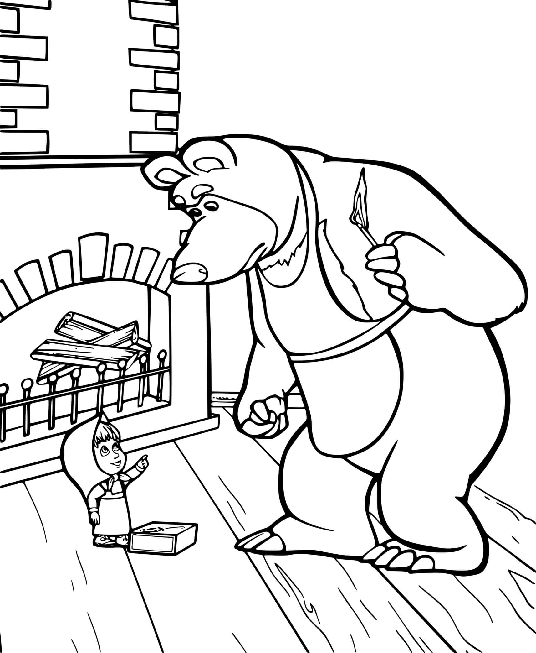 Coloriage Masha Et Michka Tentent Dallumer Le Feu A La Chemine - Masha et michka à imprimer
