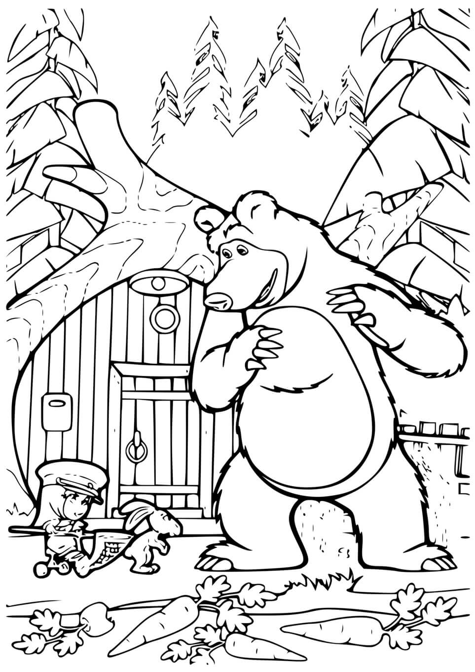 Coloriage Masha Et Michka Tentent Dattraper Un Lapin Avec Des Carottes - Masha et michka à imprimer