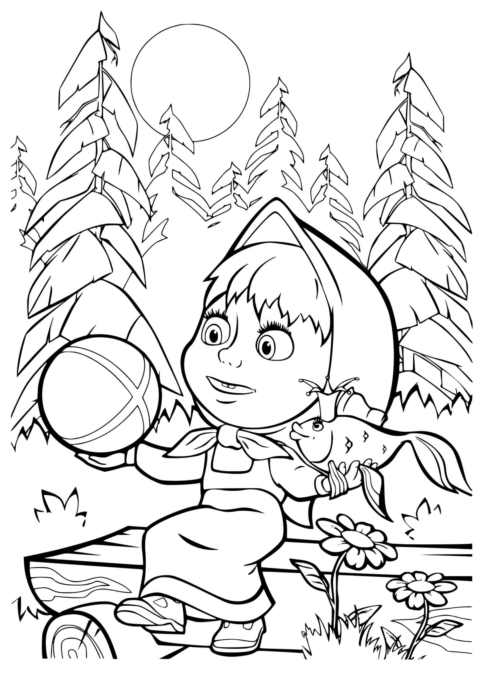 Coloriage Masha Et Un Poisson - Masha et michka à imprimer