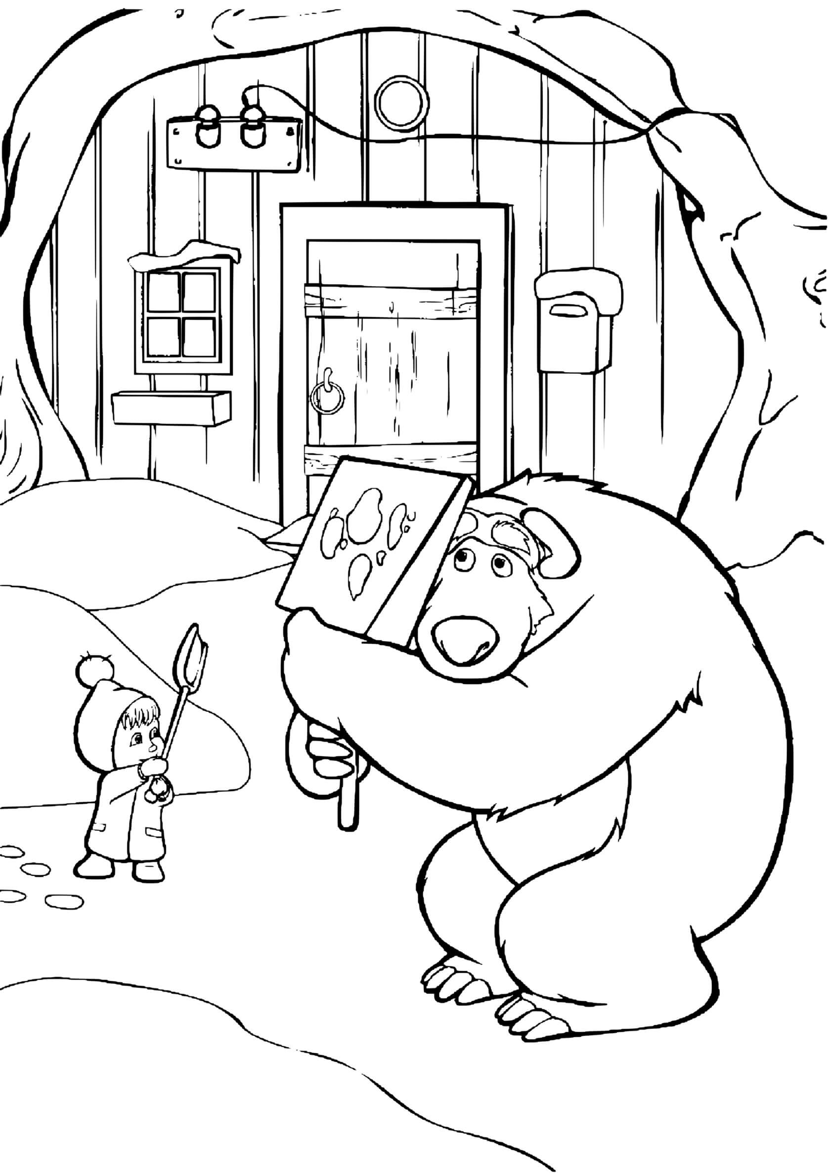 Coloriage Masha Lance Des Boules De Neiges Sur Ours Michka - Masha et michka à imprimer