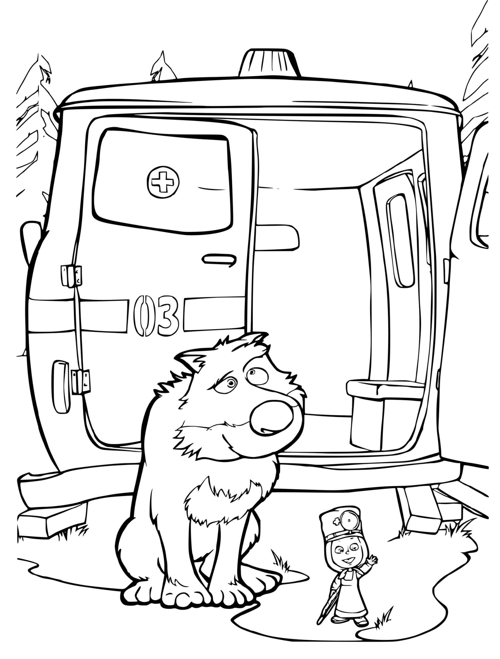 Coloriage Masha Le Médecin Pour Soigner Un Loup Près De Son Ambulance - Masha et michka à imprimer
