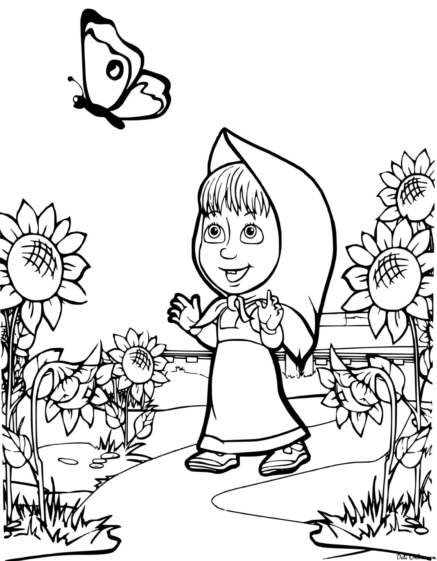 Coloriage Masha Regarde Un Papillon Dans Son Jardin - Masha et michka à imprimer