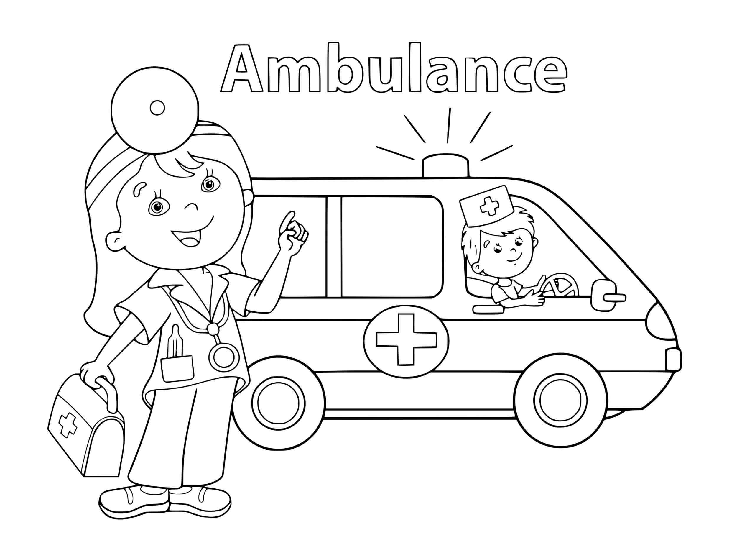 Coloriage Médecin Avec Un Ambulance - Docteur médecin à imprimer