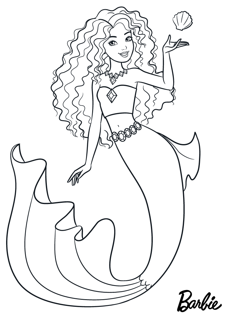 Coloriage Mermaid Sirène Barbie Avec Un Coquillage - Barbie à imprimer