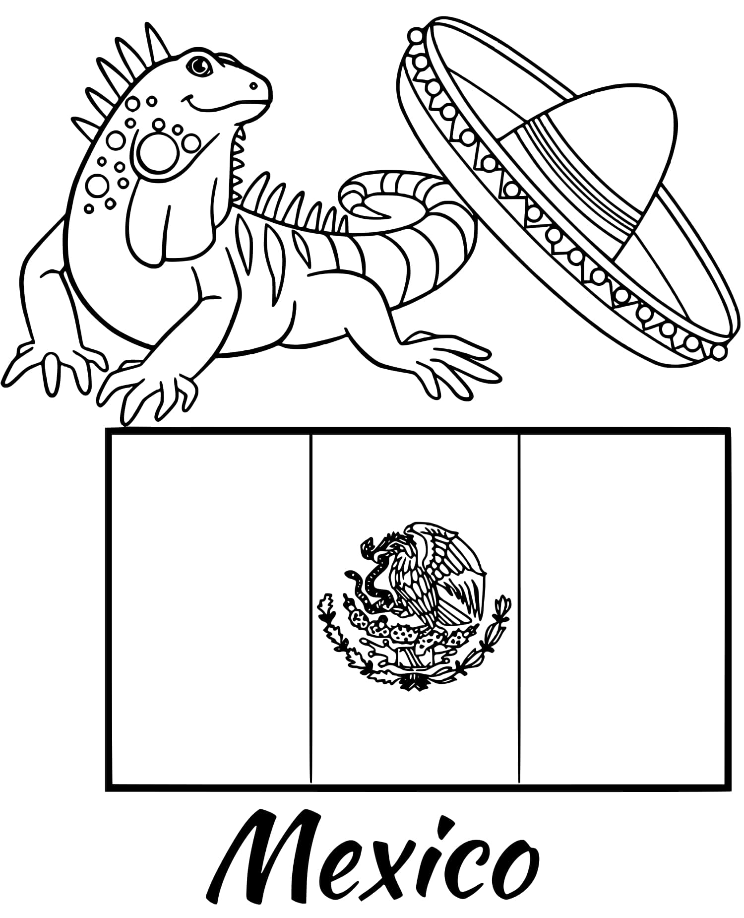 Coloriage Mexique Drapeau Iguana - Drapeau à imprimer