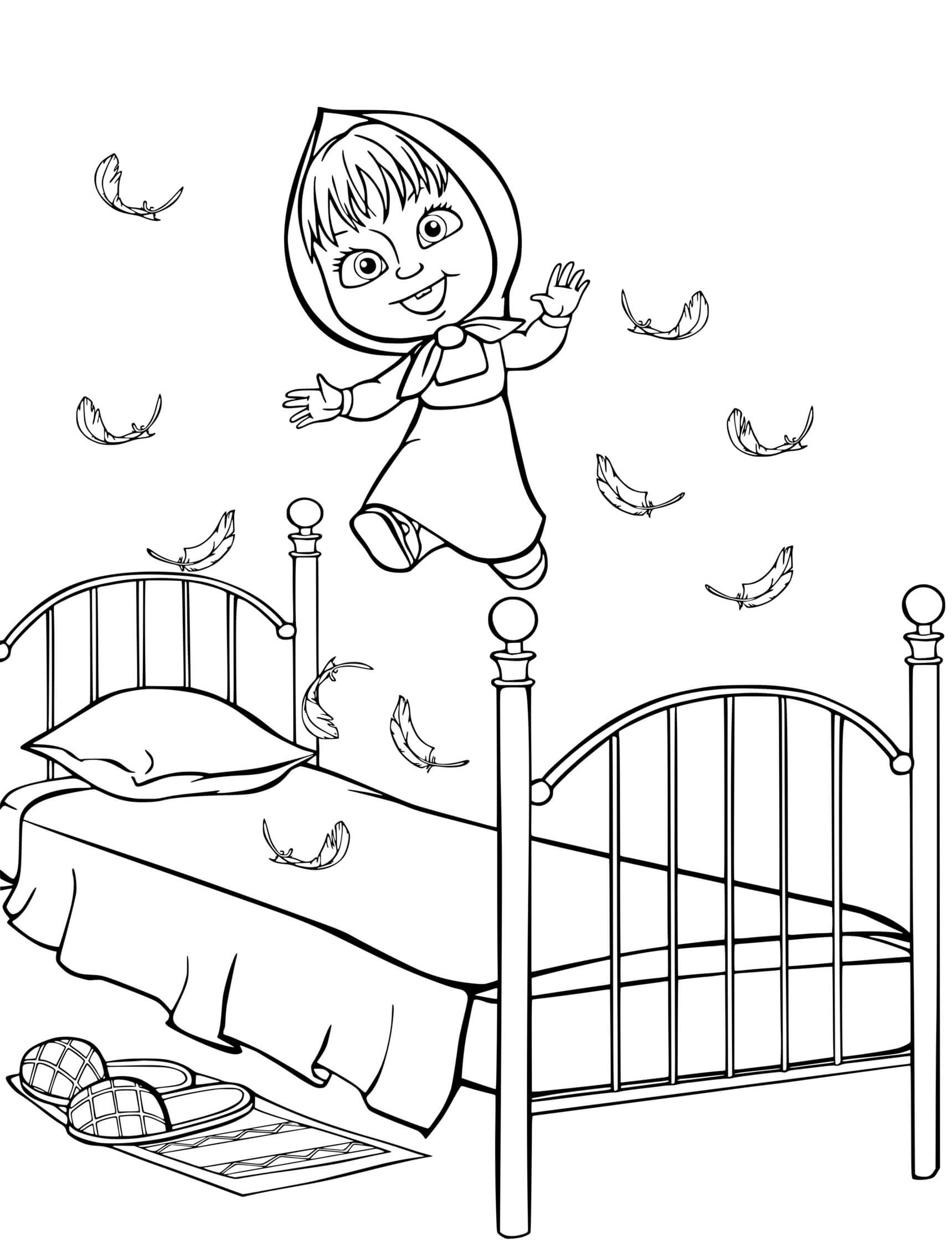 Coloriage Michka Saute Sur Le Lit - Masha et michka à imprimer