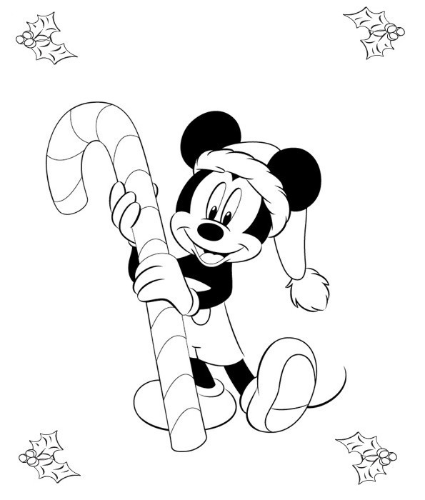 Coloriage Mickey En Noël Avec Une Canne De Noël - Noël Disney à imprimer