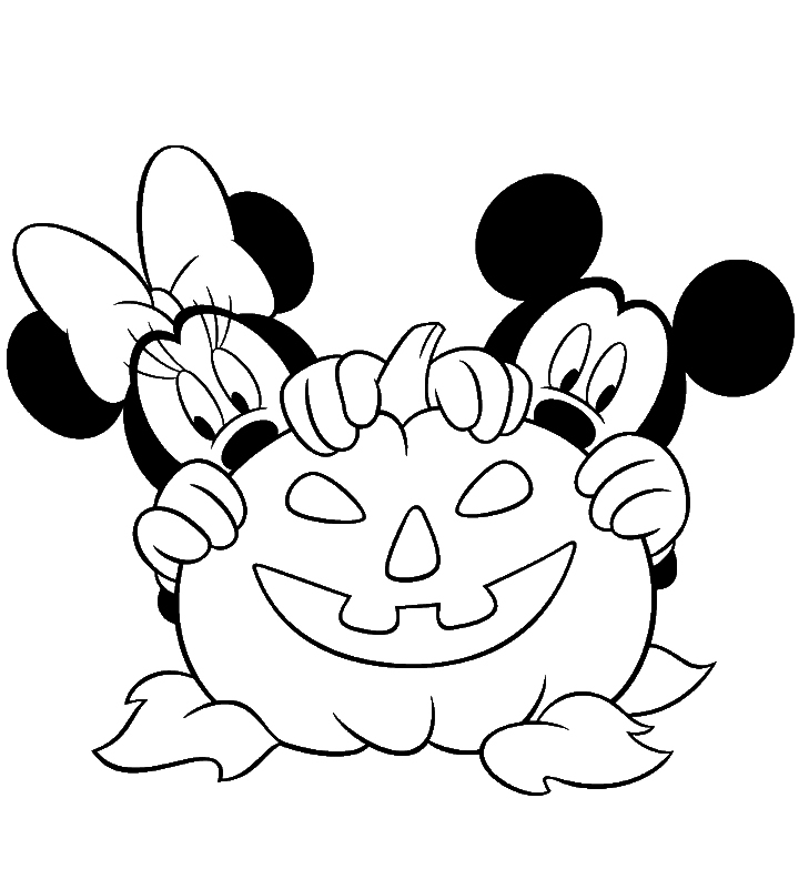 Coloriage Mickey Et Minnie Se Cache Derrière Une Citrouille Halloween - Halloween disney à imprimer