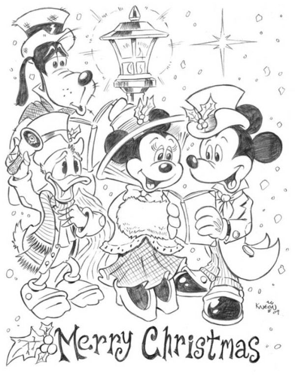 Coloriage Mickey Minnie Donald Goofy Disney Noël - Noël Disney à imprimer