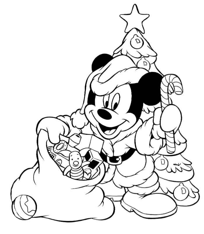 Coloriage Souris Mickey dans décor hivernal enchanteur - Noël Disney à imprimer