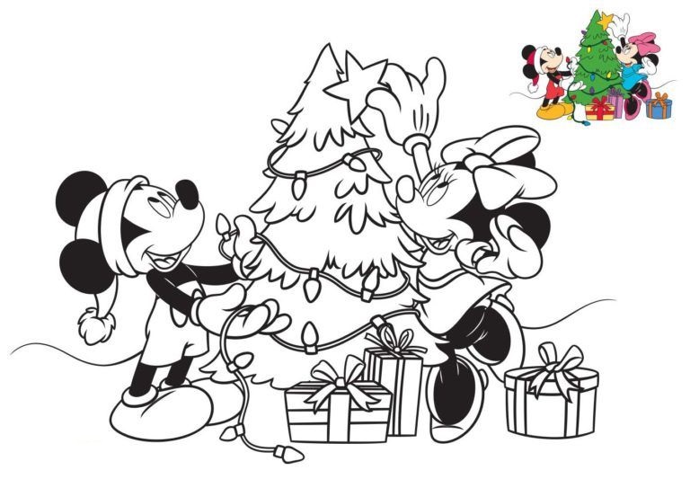 Coloriage Mickey Mouse Et Minnie Mouse Prepare Le Sapin De Noël - Noël Disney à imprimer