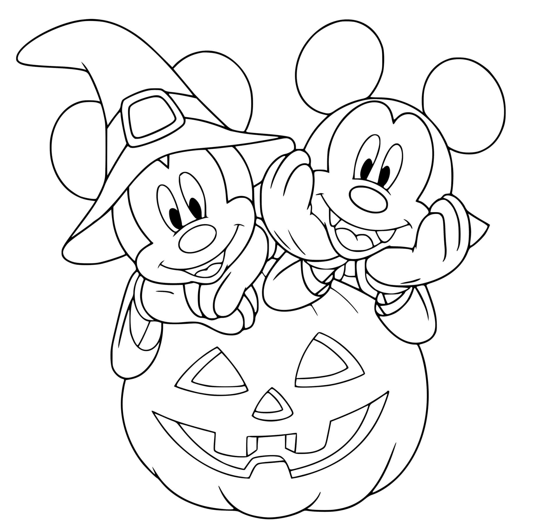 Coloriage Mickey Vampire Et Minnie Sorcière Avec Une Citrouille - Halloween disney à imprimer