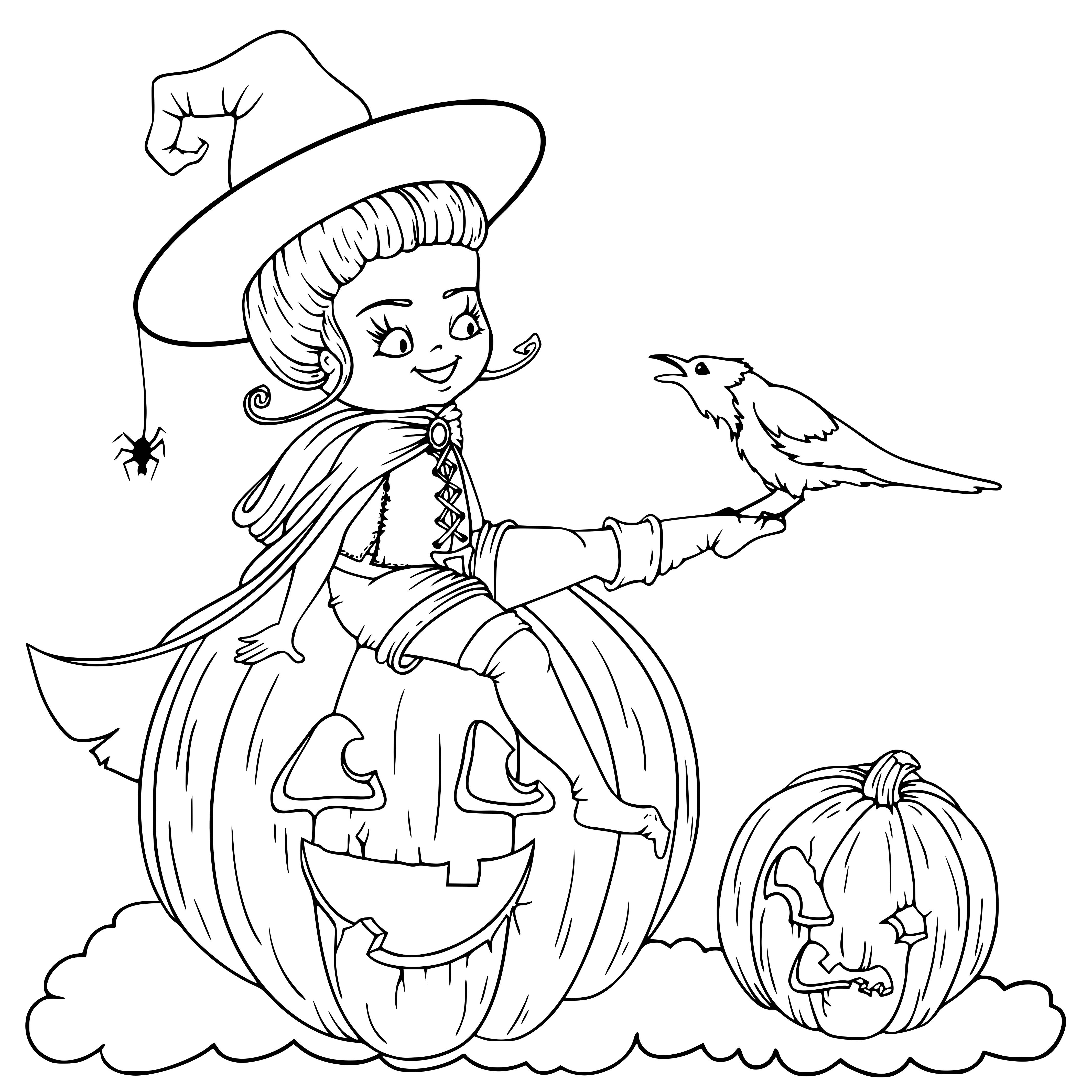 Coloriage Mignonne Petite Sorcière Citrouilles Et Un Corbeau - Halloween à imprimer