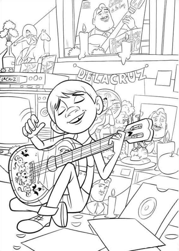 Coloriage Miguel Chante Et Joue De La Musique Avec Sa Guitare - Coco Disney à imprimer