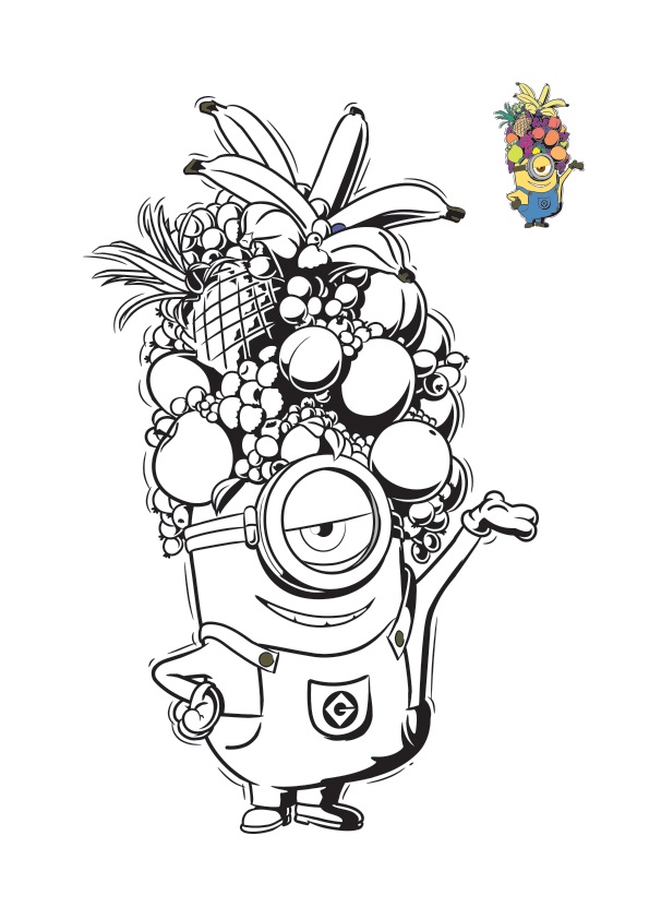 Coloriage Minion Avec Un Casque De Fruits Tropicals - Minions à imprimer