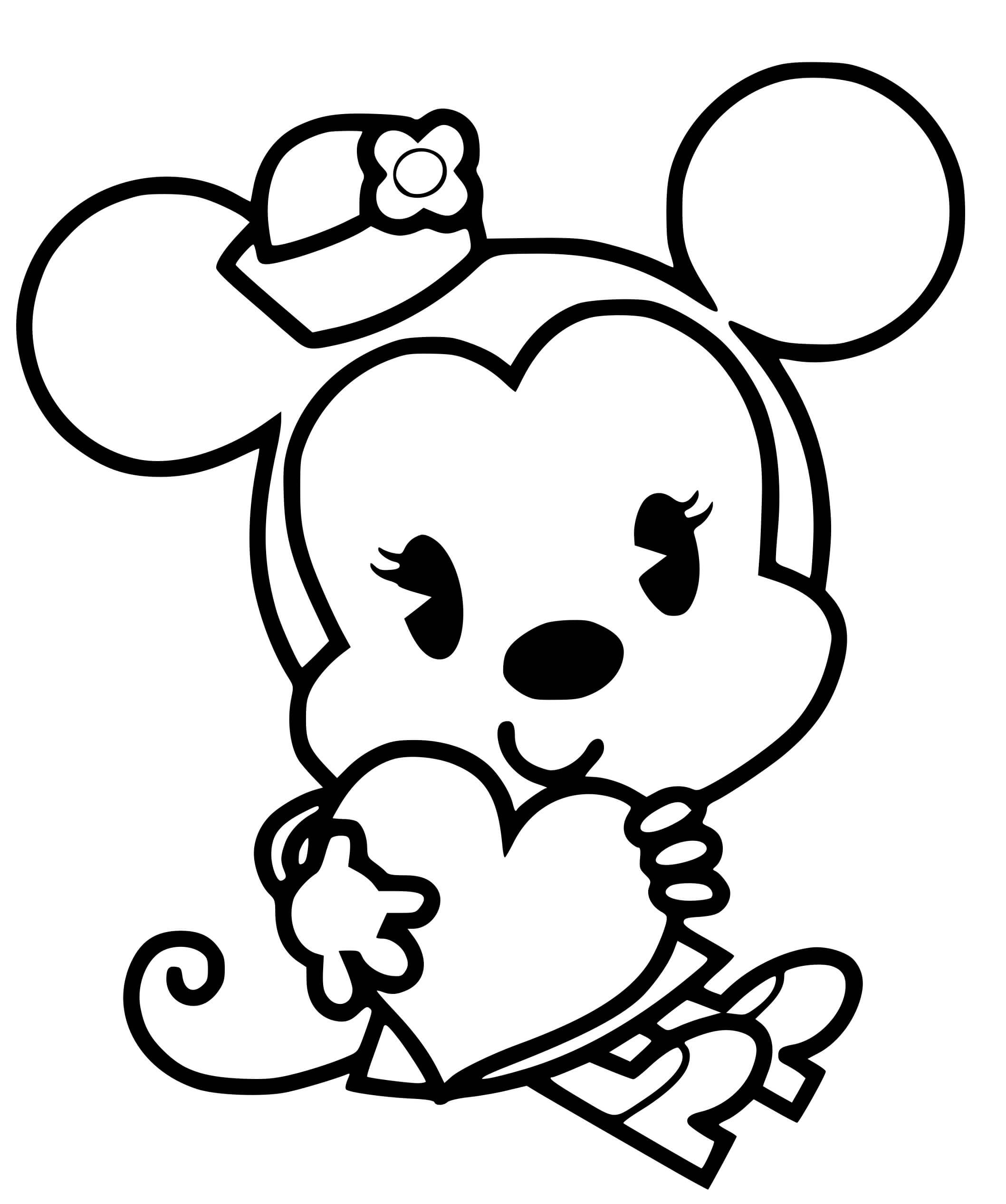 Coloriage Minnie mouse avec un cœur en chocolat kawaii disney - Kawaii disney à imprimer